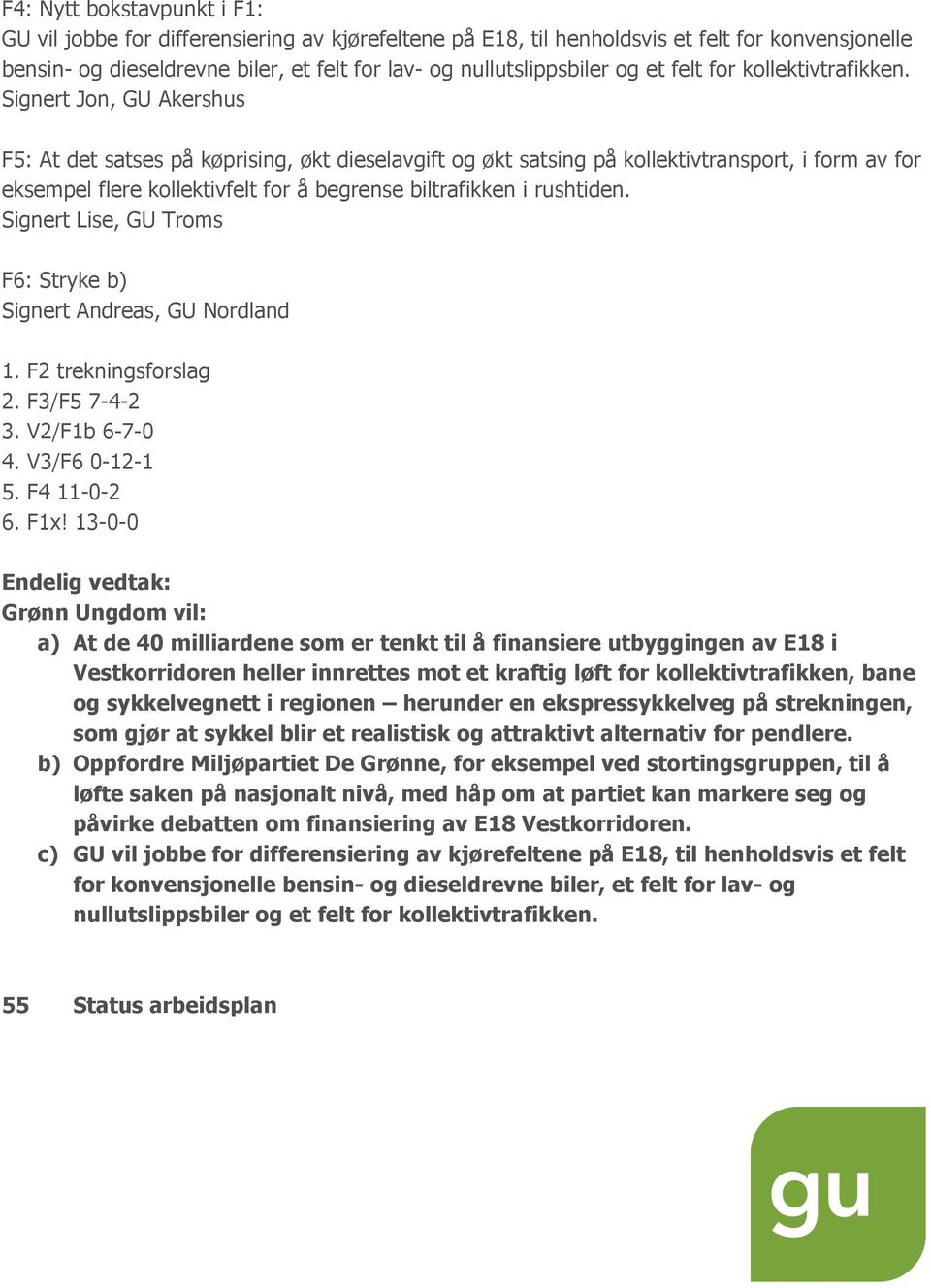 Signert Jon, GU Akershus F5: At det satses på køprising, økt dieselavgift og økt satsing på kollektivtransport, i form av for eksempel flere kollektivfelt for å begrense biltrafikken i rushtiden.