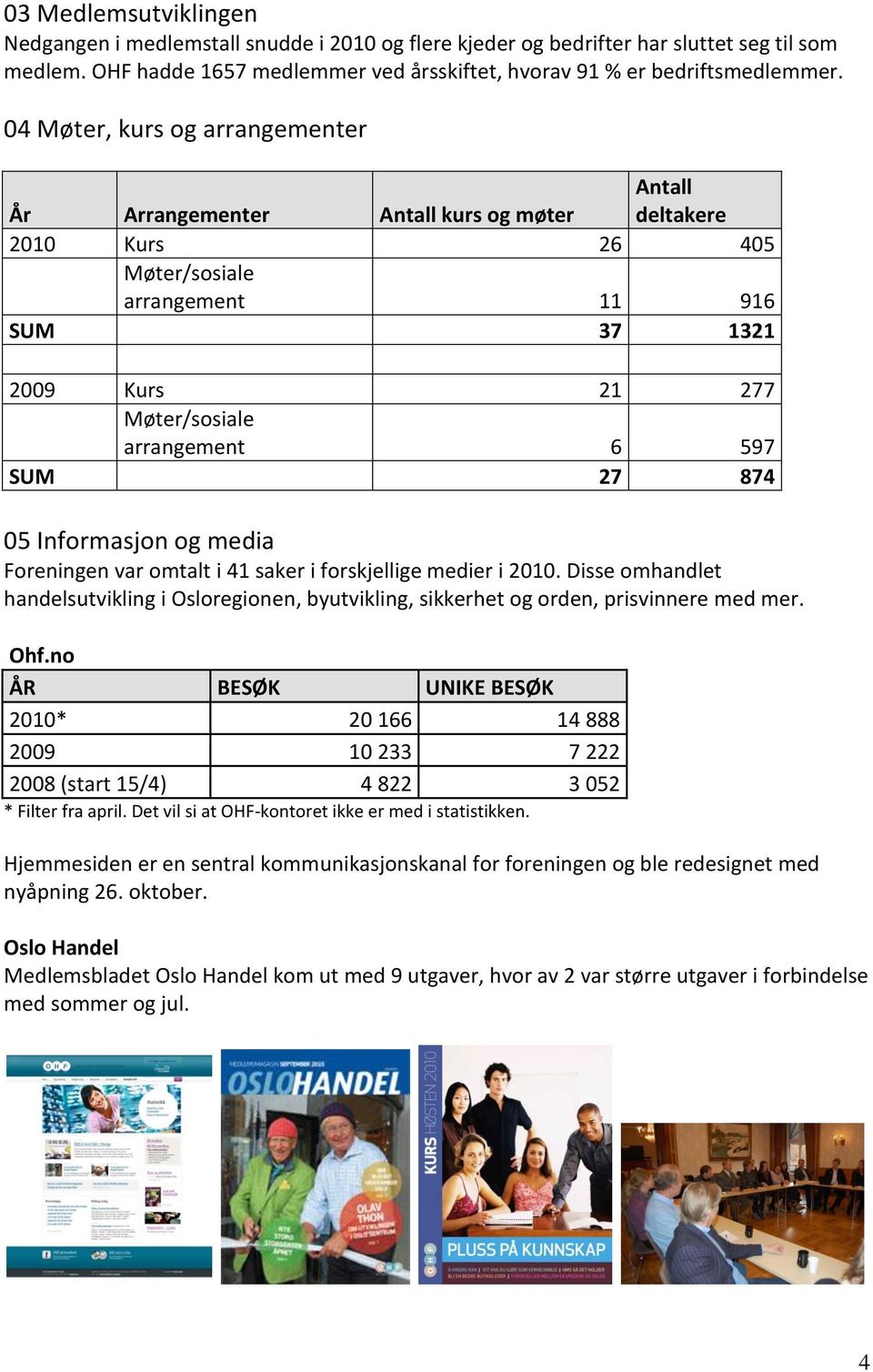 SUM 27 874 05 Informasjon og media Foreningen var omtalt i 41 saker i forskjellige medier i 2010. Disse omhandlet handelsutvikling i Osloregionen, byutvikling, sikkerhet og orden, prisvinnere med mer.