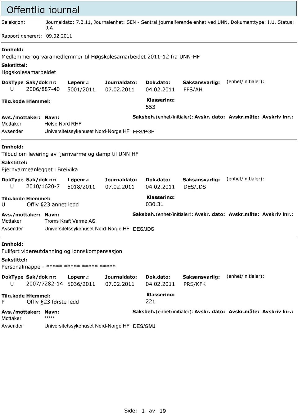 : Mottaker Helse Nord RHF niversitetssykehuset Nord-Norge HF FFS/G Tilbud om levering av fjernvarme og damp til NN HF Fjernvarmeanlegget i Breivika 2010/1620-7 5018/2011 DES/JDS Offlv 23 annet ledd