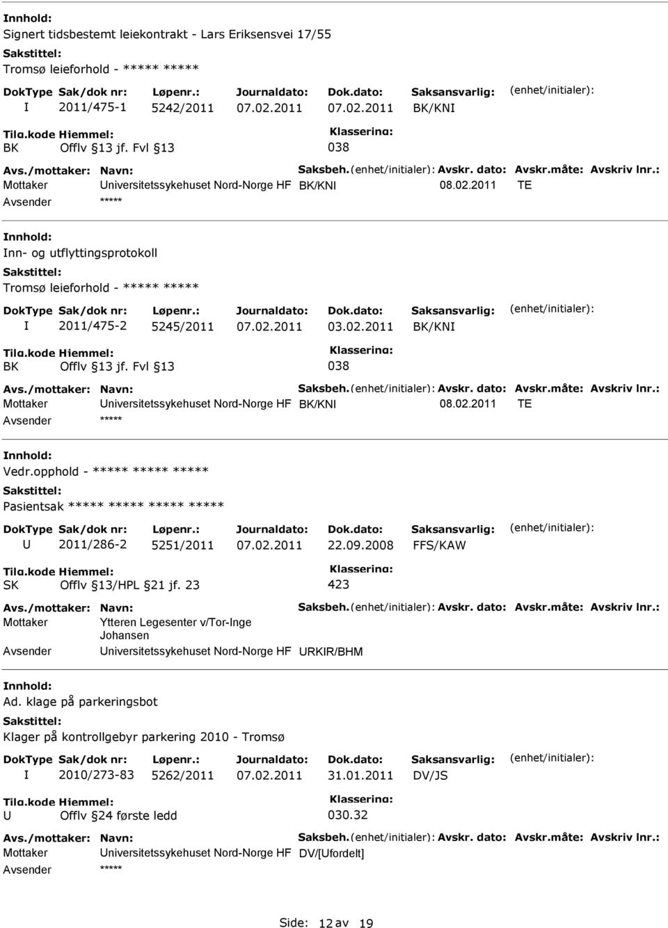 Fvl 13 038 Avs./mottaker: Navn: Saksbeh. Avskr. dato: Avskr.måte: Avskriv lnr.: Mottaker niversitetssykehuset Nord-Norge HF BK/KN 08.02.2011 TE ***** Vedr.