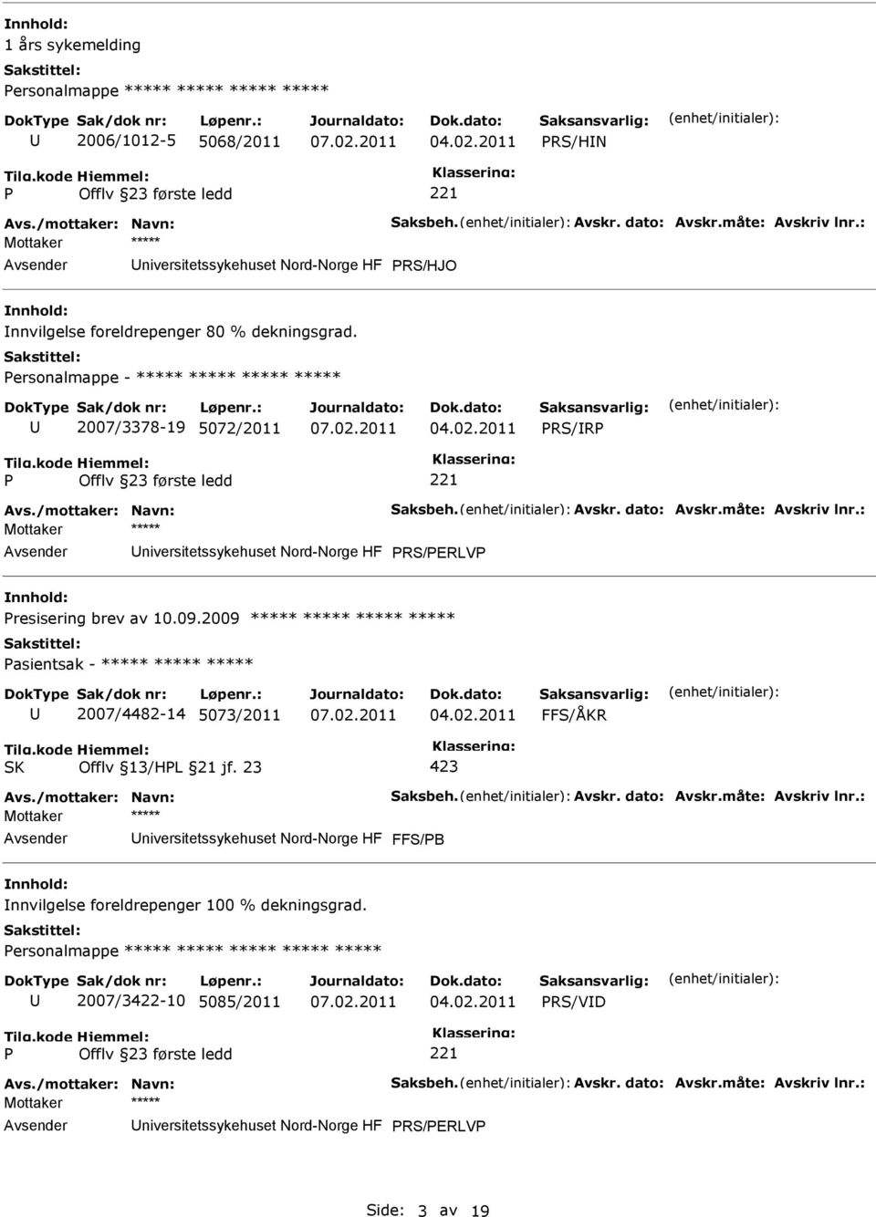 dato: Avskr.måte: Avskriv lnr.: niversitetssykehuset Nord-Norge HF RS/ERLV resisering brev av 10.09.2009 ***** ***** ***** ***** asientsak - ***** ***** ***** 2007/4482-14 5073/2011 FFS/ÅKR Avs.