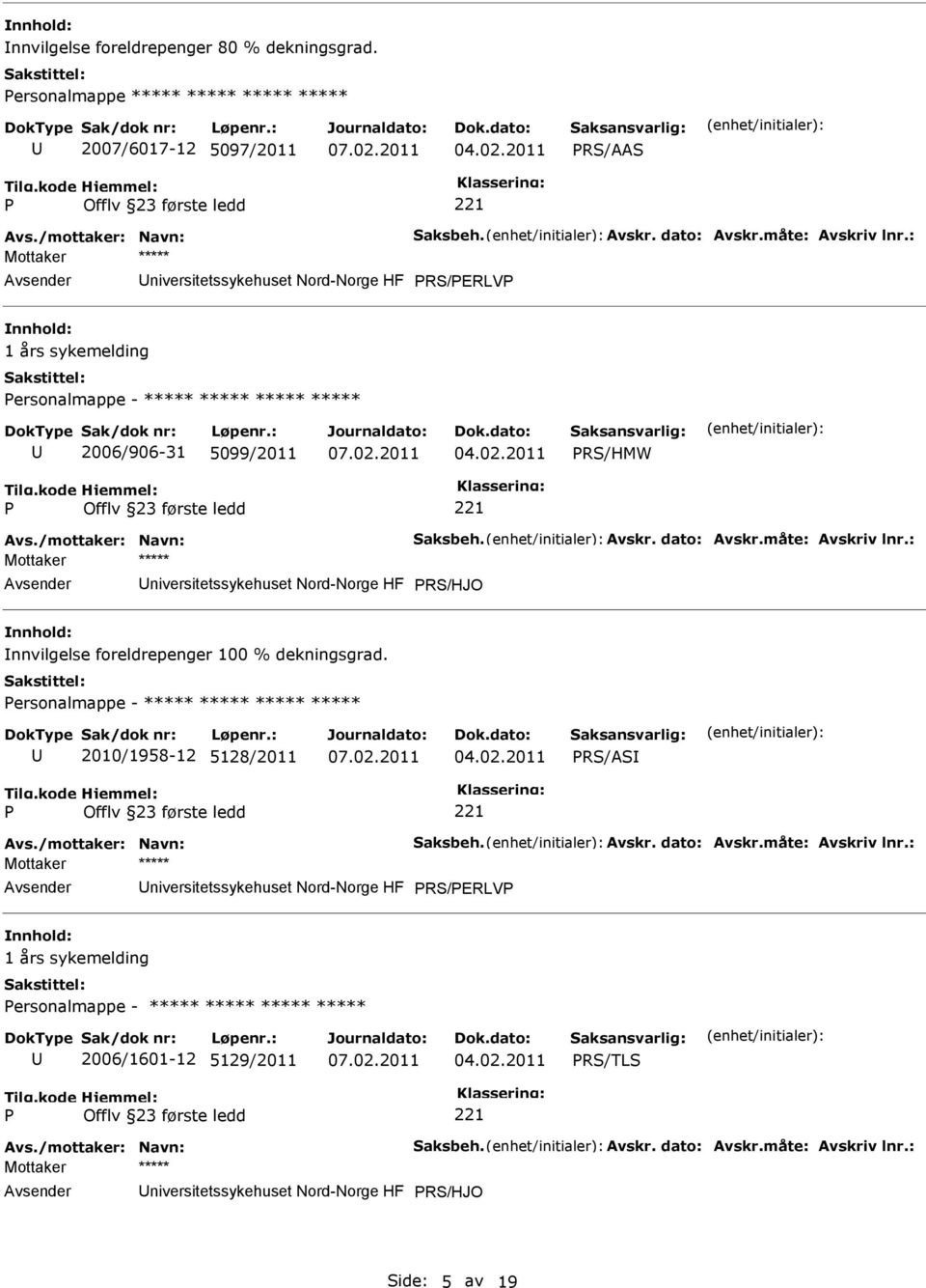 : niversitetssykehuset Nord-Norge HF RS/HJO nnvilgelse foreldrepenger 100 % dekningsgrad. ersonalmappe - ***** ***** ***** ***** 2010/1958-12 5128/2011 RS/AS Avs./mottaker: Navn: Saksbeh. Avskr.