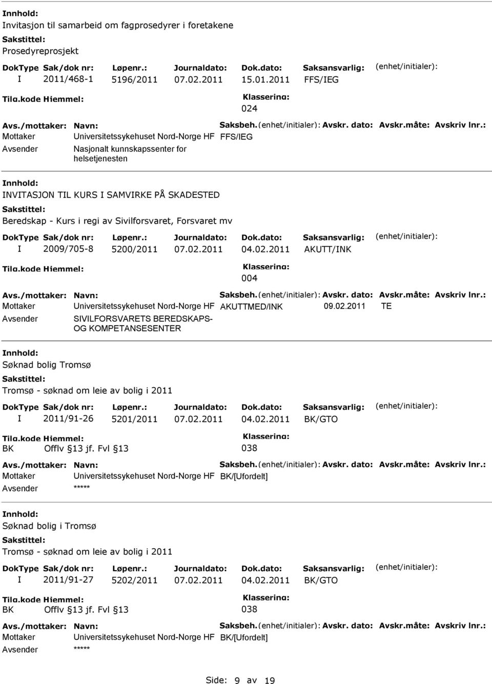 5200/2011 AKTT/NK 004 Avs./mottaker: Navn: Saksbeh. Avskr. dato: Avskr.måte: Avskriv lnr.: Mottaker niversitetssykehuset Nord-Norge HF AKTTMED/NK 09.02.