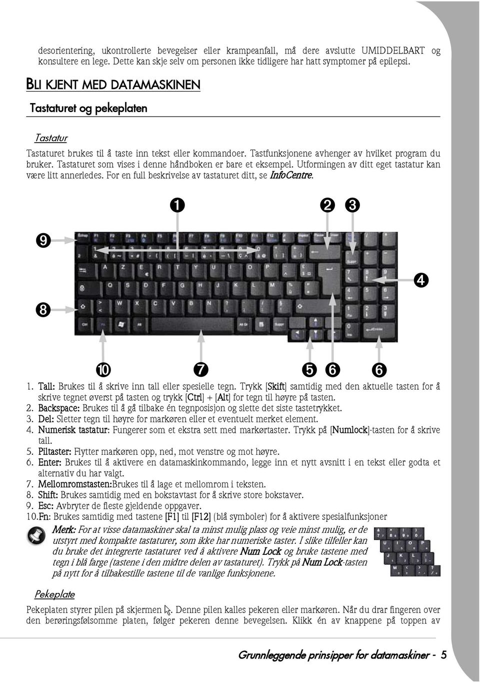 Tastaturet som vises i denne håndboken er bare et eksempel. Utformingen av ditt eget tastatur kan være litt annerledes. For en full beskrivelse av tastaturet ditt, se InfoCentre.