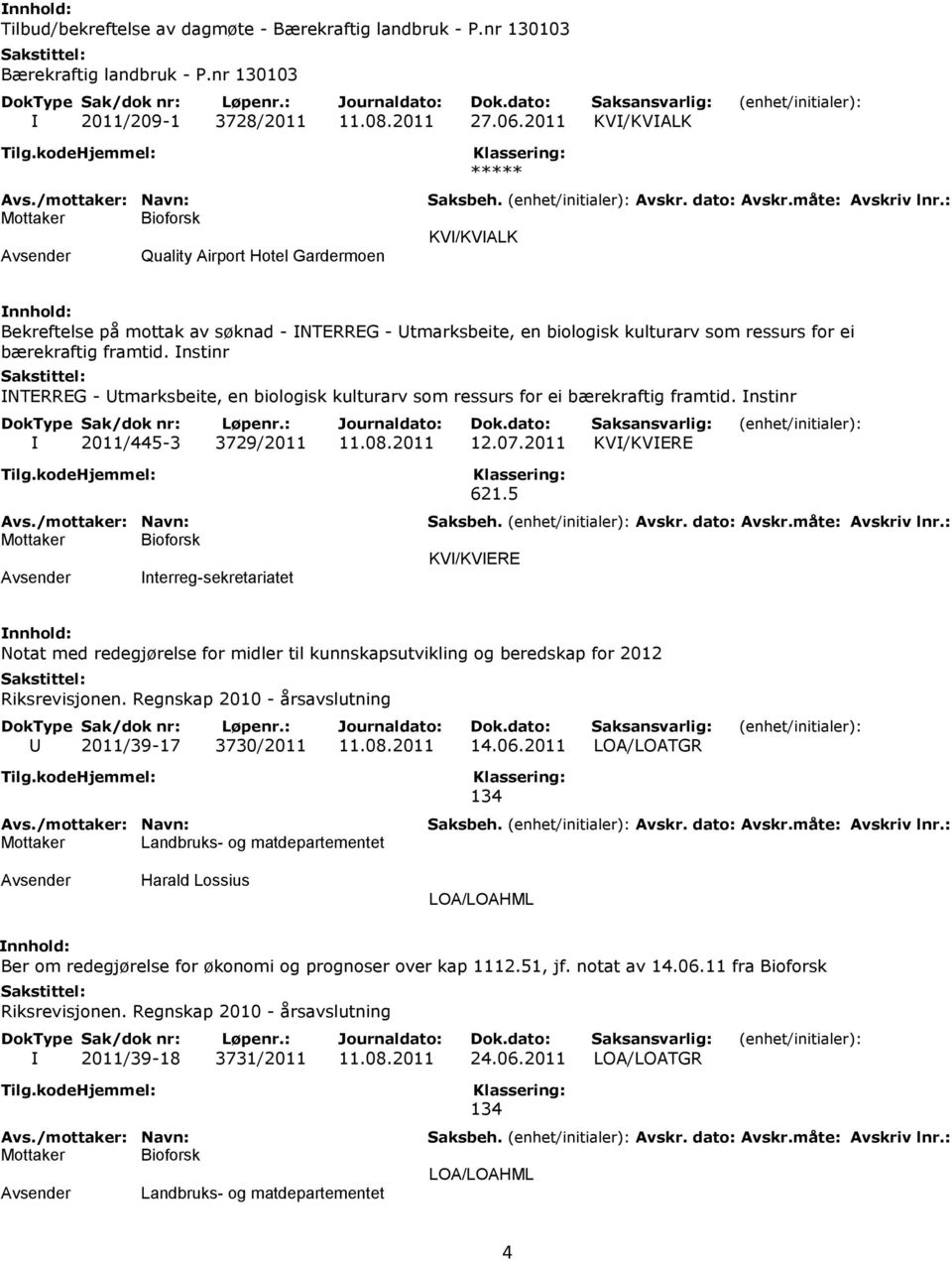 Instinr INTERREG - Utmarksbeite, en biologisk kulturarv som ressurs for ei bærekraftig framtid. Instinr I 2011/445-3 3729/2011 11.08.2011 12.07.