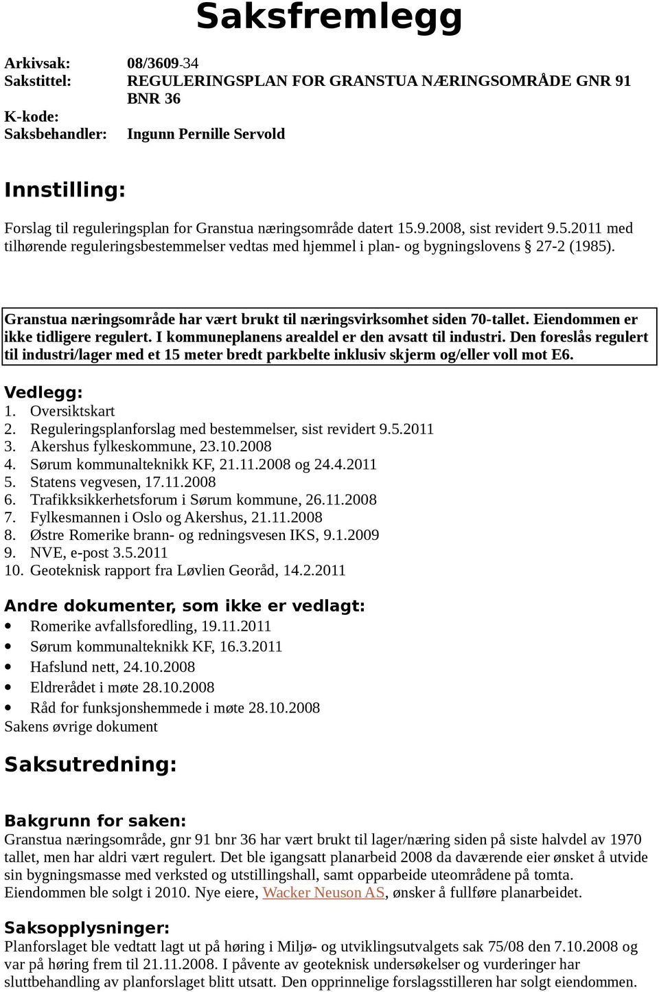 Granstua næringsområde har vært brukt til næringsvirksomhet siden 70-tallet. Eiendommen er ikke tidligere regulert. I kommuneplanens arealdel er den avsatt til industri.