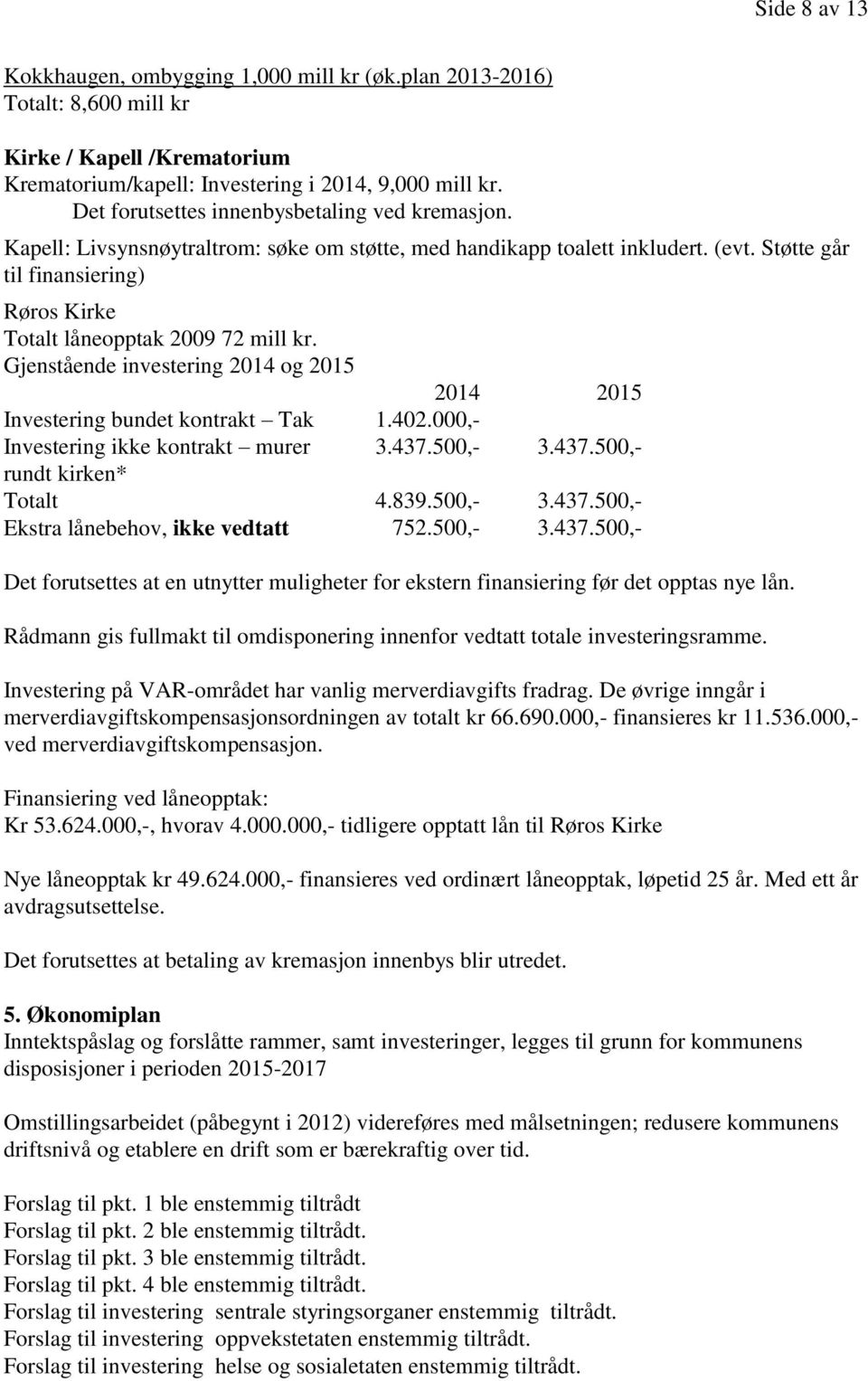 Støtte går til finansiering) Røros Kirke Totalt låneopptak 2009 72 mill kr. Gjenstående investering 2014 og 2015 2014 2015 Investering bundet kontrakt Tak 1.402.