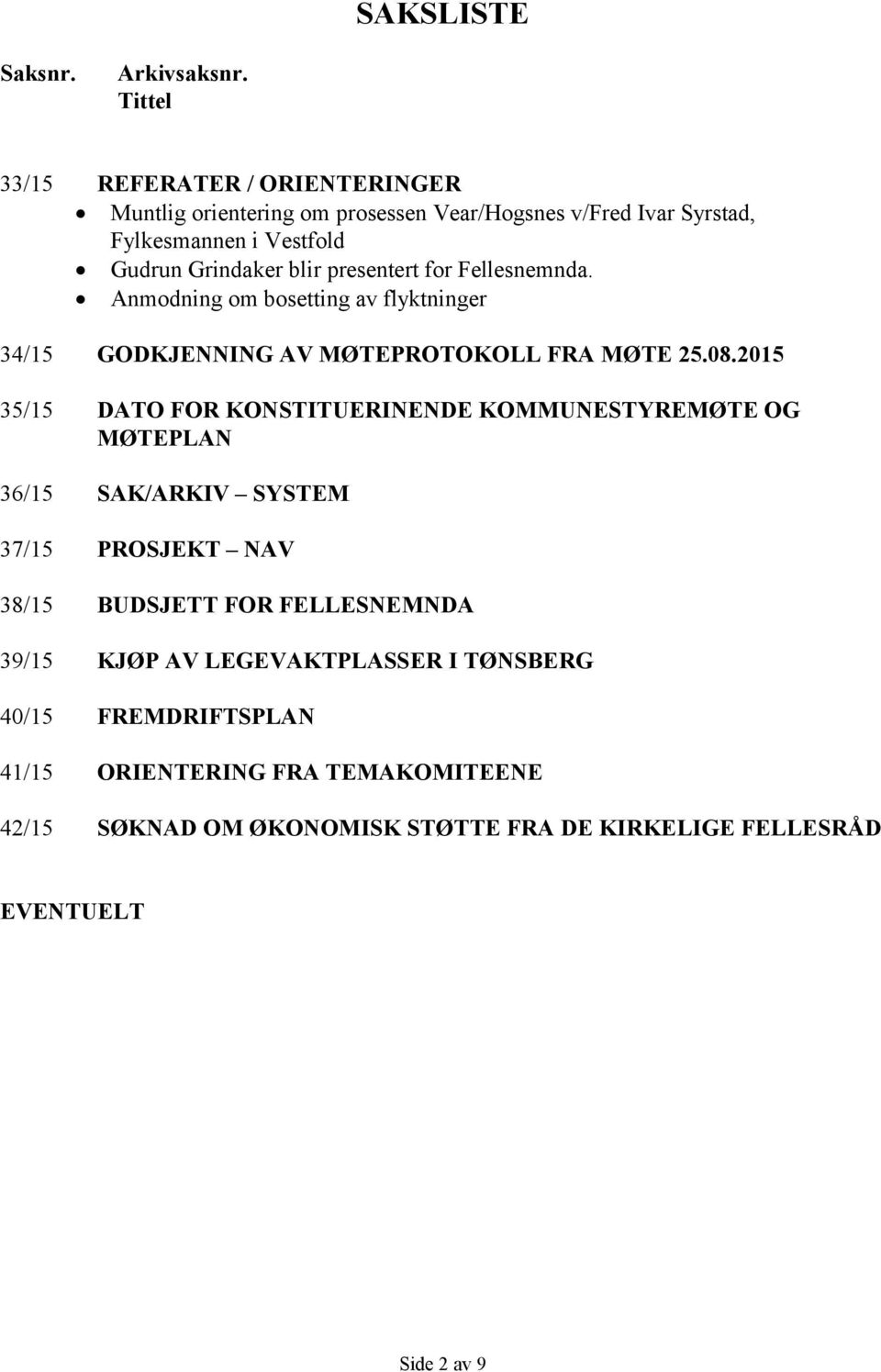 presentert for Fellesnemnda. Anmodning om bosetting av flyktninger 34/15 GODKJENNING AV MØTEPROTOKOLL FRA MØTE 25.08.