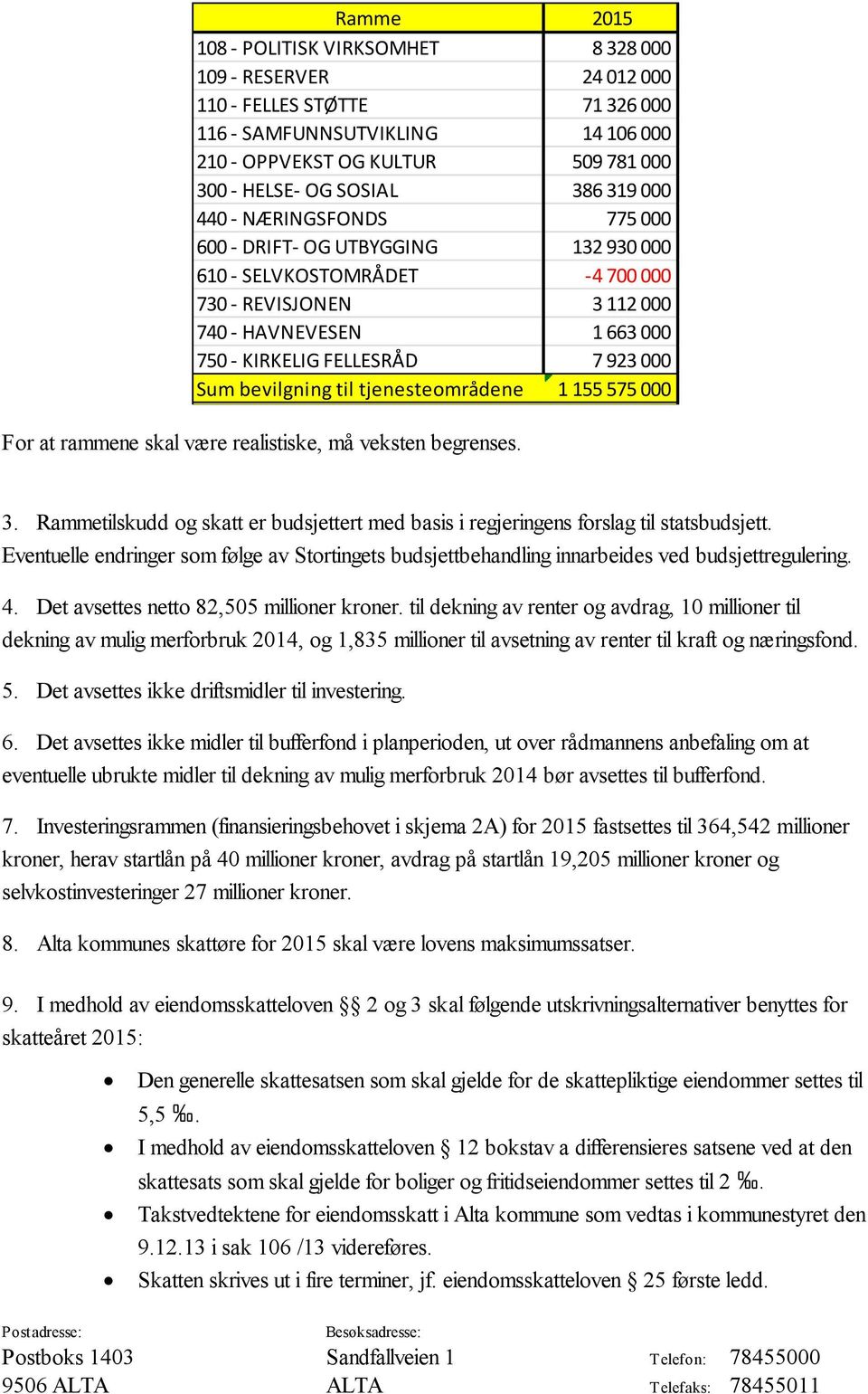 Sum bevilgning til tjenesteområdene 1 155 575 000 For at rammene skal være realistiske, må veksten begrenses. 3.