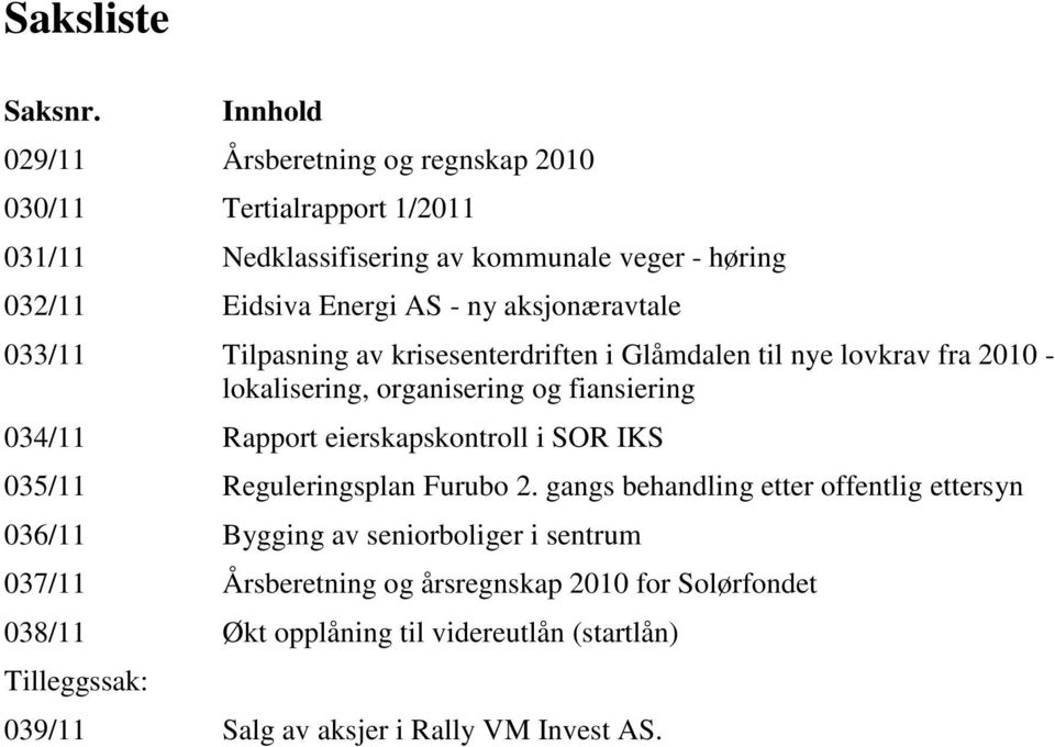 aksjonæravtale 033/11 Tilpasning av krisesenterdriften i Glåmdalen til nye lovkrav fra 2010 - lokalisering, organisering og fiansiering 034/11 Rapport