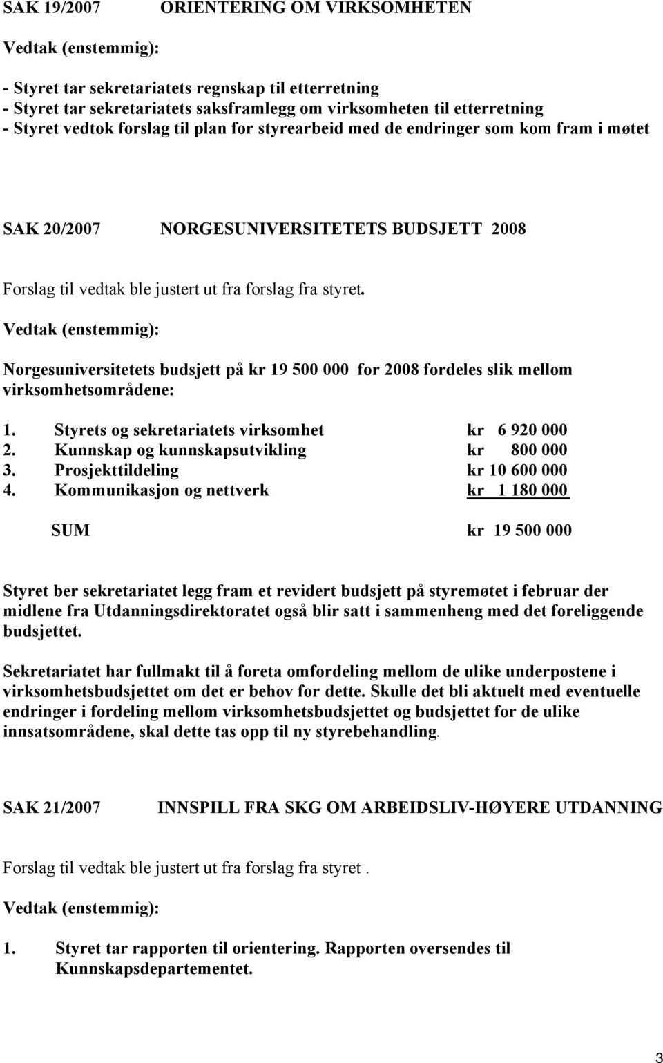 Vedtak (enstemmig): Norgesuniversitetets budsjett på kr 19 500 000 for 2008 fordeles slik mellom virksomhetsområdene: 1. Styrets og sekretariatets virksomhet kr 6 920 000 2.