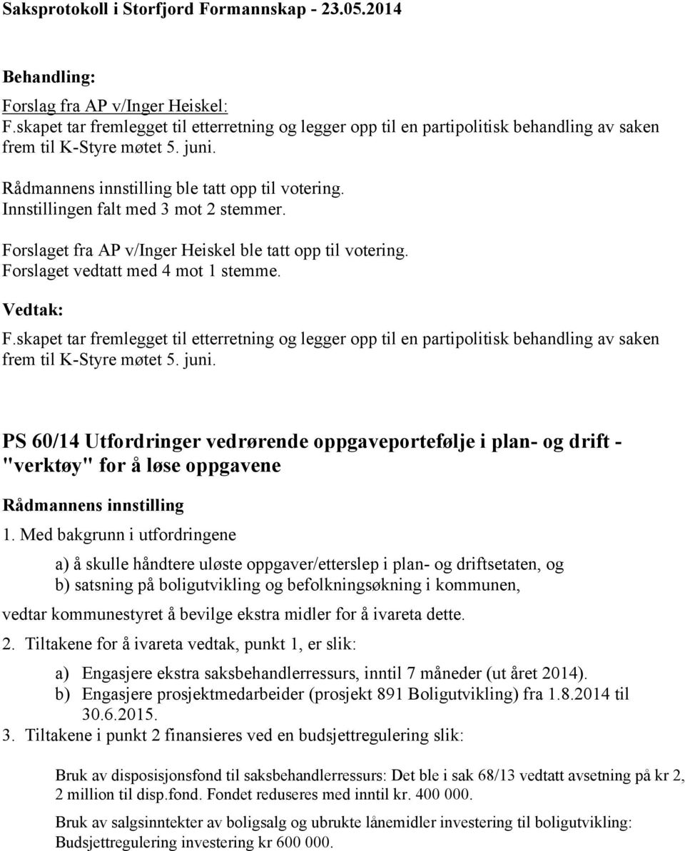 Innstillingen falt med 3 mot 2 stemmer. Forslaget fra AP v/inger Heiskel ble tatt opp til votering. Forslaget vedtatt med 4 mot 1 stemme. Vedtak: F.