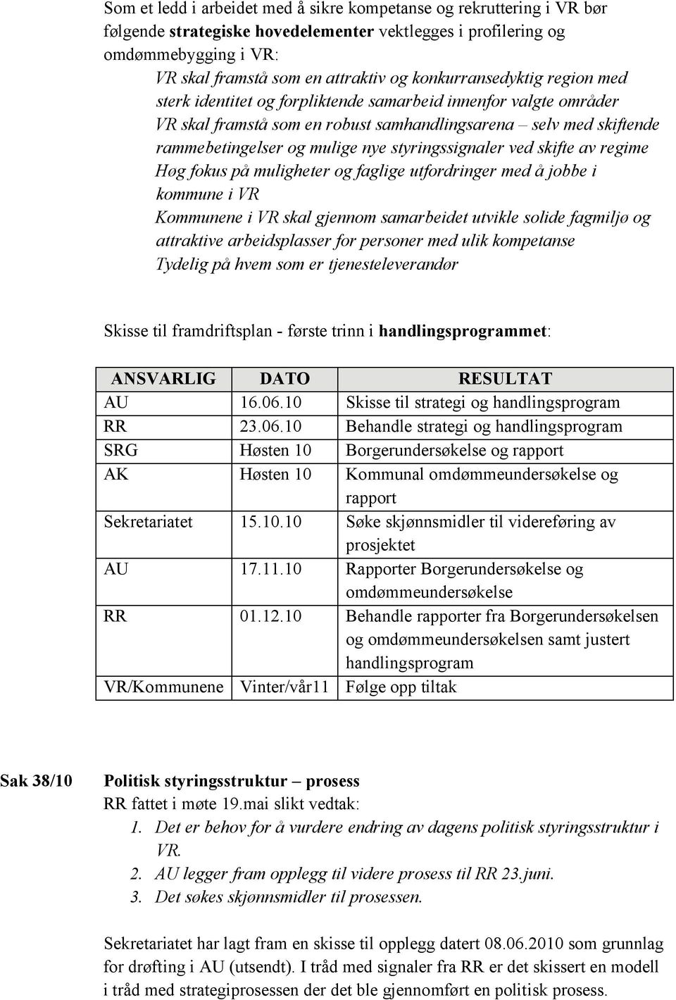 styringssignaler ved skifte av regime Høg fokus på muligheter og faglige utfordringer med å jobbe i kommune i VR Kommunene i VR skal gjennom samarbeidet utvikle solide fagmiljø og attraktive