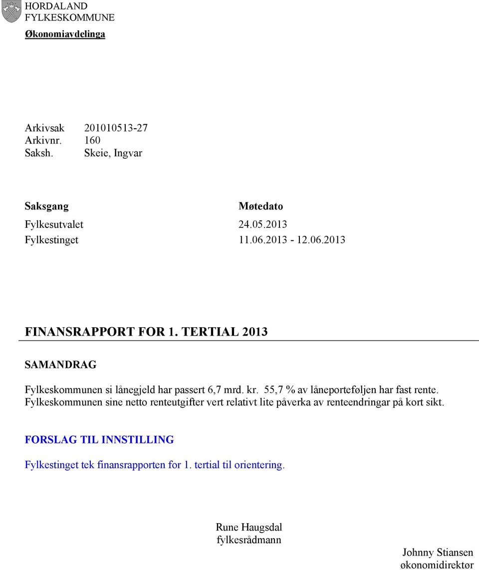 TERTIAL 2013 SAMANDRAG Fylkeskommunen si lånegjeld har passert 6,7 mrd. kr. 55,7 % av låneporteføljen har fast rente.