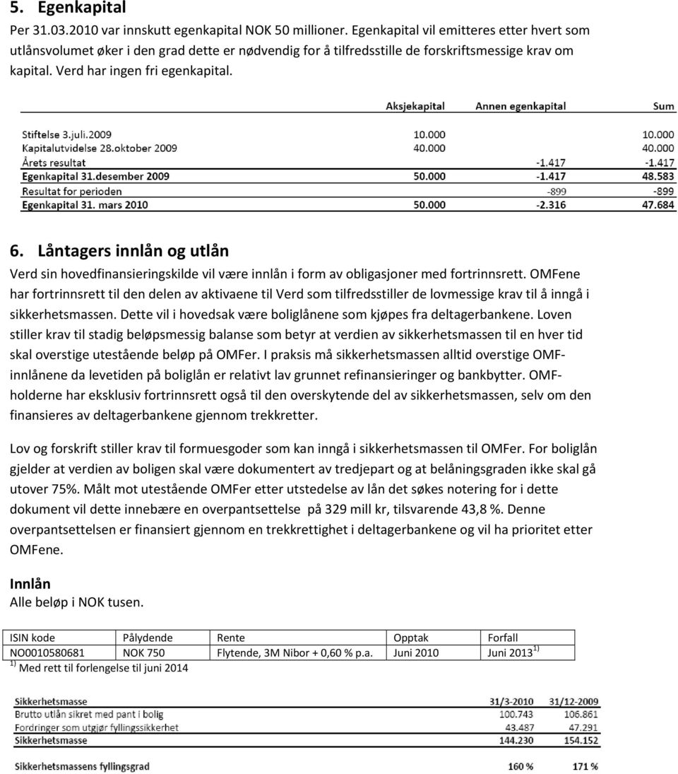 Låntagers innlån og utlån Verd sin hovedfinansieringskilde vil være innlån i form av obligasjoner med fortrinnsrett.