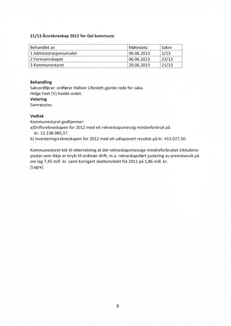 b) Investeringsrekneskapen for 2012 med eit udisponert resultat på kr. 413.027,50.