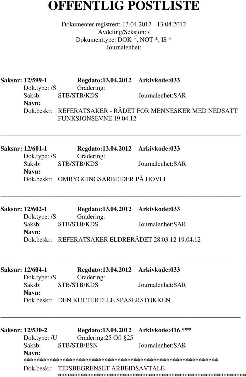 03.12 19.04.12 Saksnr: 12/604-1 Regdato:13.04.2012 Arkivkode:033 Dok.type: /S Gradering: Saksb: STB/STB/KDS SAR Dok.beskr: DEN KULTURELLE SPASERSTOKKEN Saksnr: 12/530-2 Regdato:13.