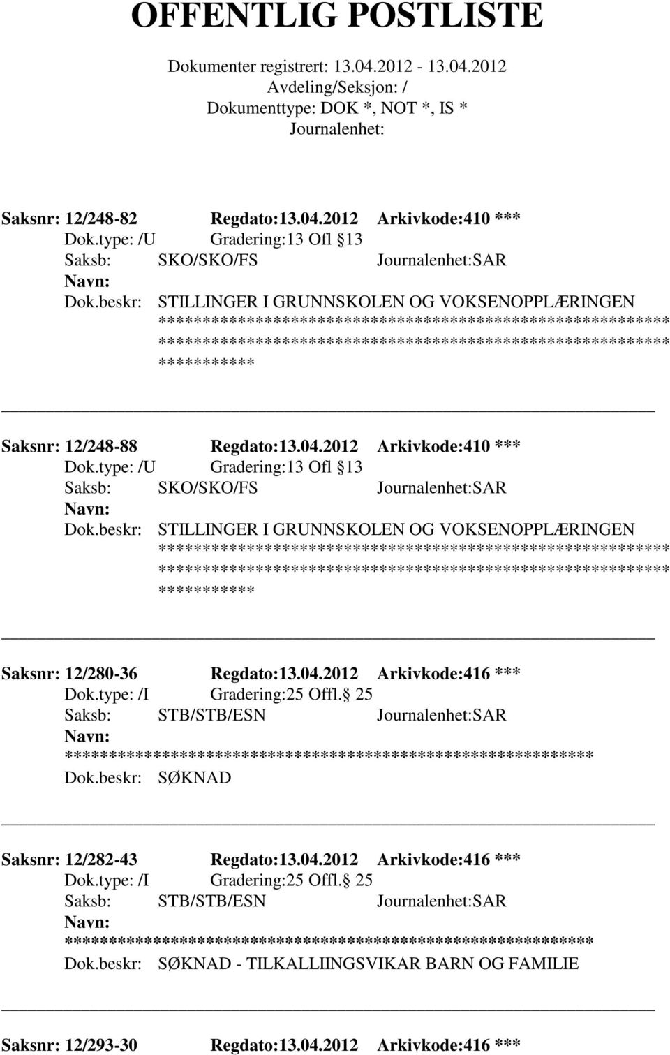 2012 Arkivkode:410 *** Saksb: SKO/SKO/FS SAR Dok.beskr: STILLINGER I GRUNNSKOLEN OG VOKSENOPPLÆRINGEN Saksnr: 12/280-36 Regdato:13.