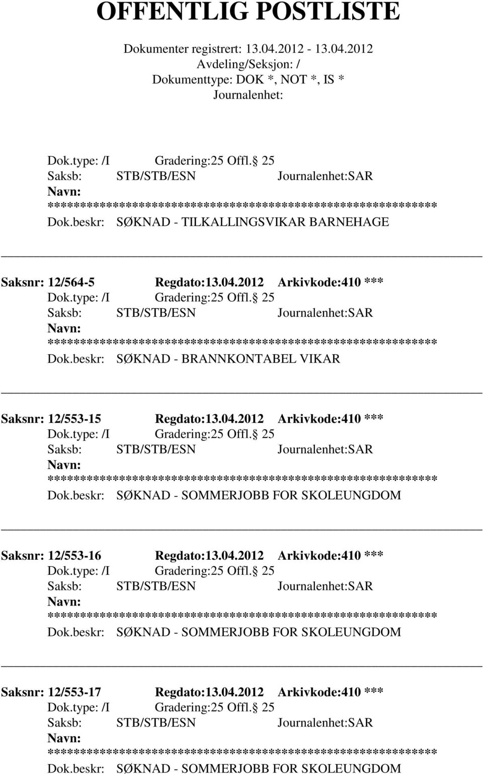 beskr: SØKNAD - SOMMERJOBB FOR SKOLEUNGDOM Saksnr: 12/553-16 Regdato:13.04.2012 Arkivkode:410 *** 25 Offl. 25 Dok.