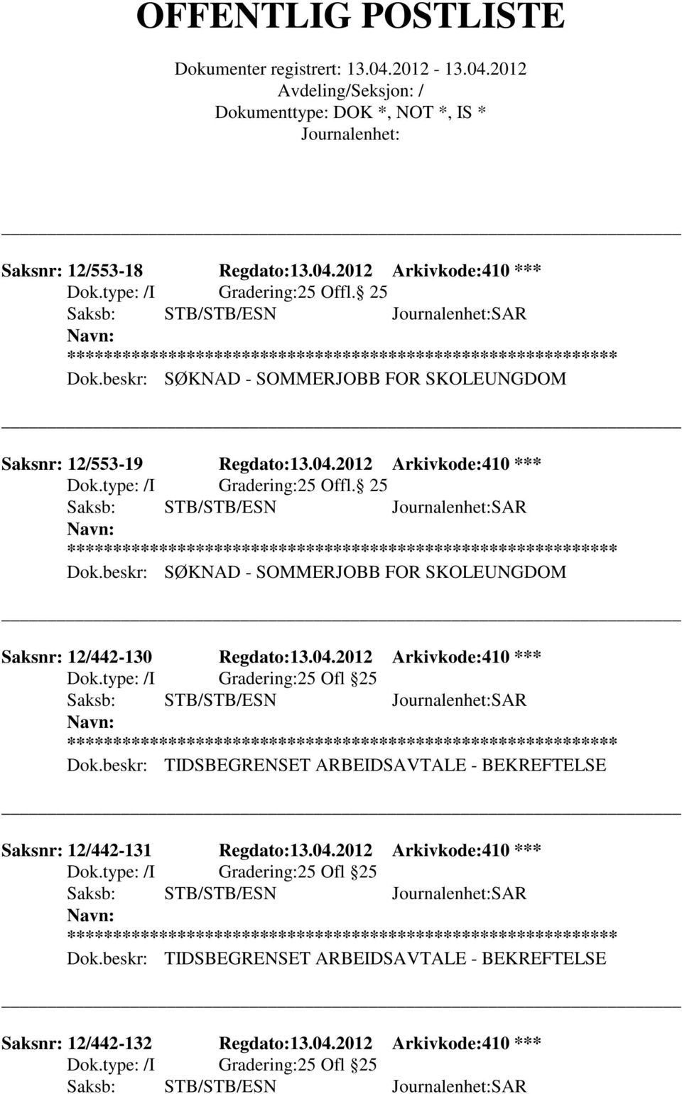 25 Dok.beskr: SØKNAD - SOMMERJOBB FOR SKOLEUNGDOM Saksnr: 12/442-130 Regdato:13.04.