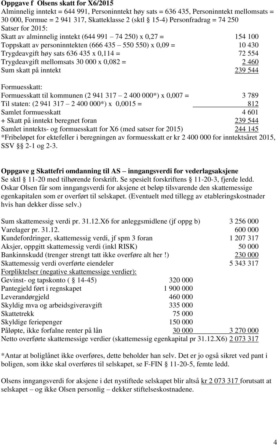 Trygdeavgift mellomsats 30 000 x 0,082 = 2 460 Sum skatt på inntekt 239 544 Formuesskatt: Formuesskatt til kommunen (2 941 317 2 400 000*) x 0,007 = 3 789 Til staten: (2 941 317 2 400 000*) x 0,0015