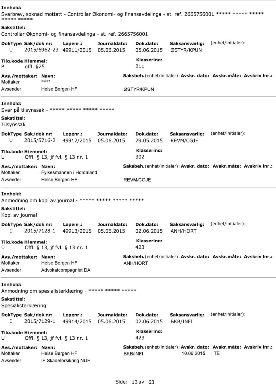 2665756001 2015/6962-23 49911/2015 ØSTYR/KN ØSTYR/KN Svar på tilsynssak - ***** ***** ***** ***** Tilsynssak 2015/5716-2 49912/2015 REVM/CGJE 302 Mottaker Fylkesmannen