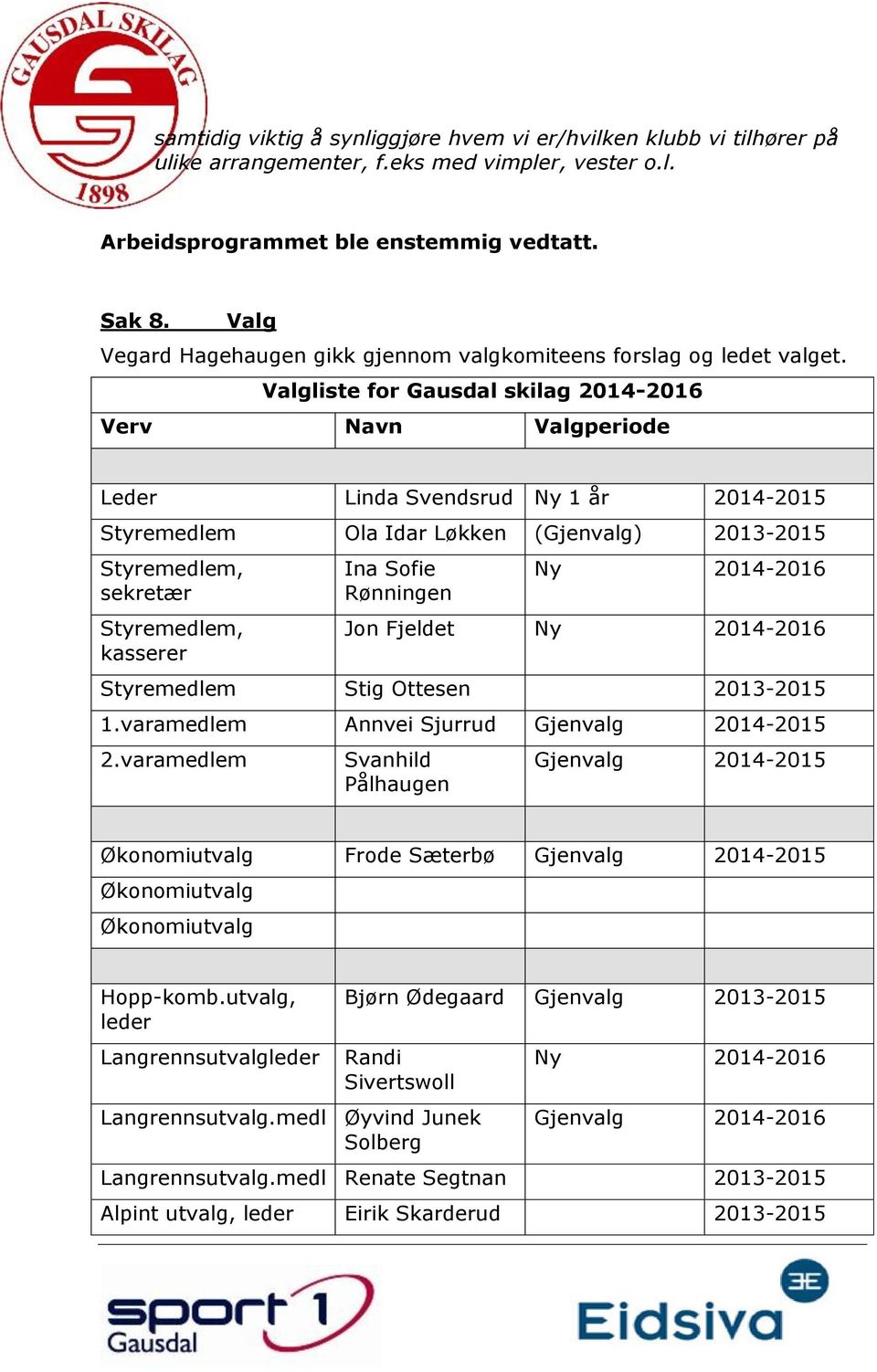 Valgliste for Gausdal skilag 2014-2016 Verv Navn Valgperiode Leder Linda Svendsrud Ny 1 år 2014-2015 Styremedlem Ola Idar Løkken (Gjenvalg) 2013-2015 Styremedlem, sekretær Styremedlem, kasserer Ina