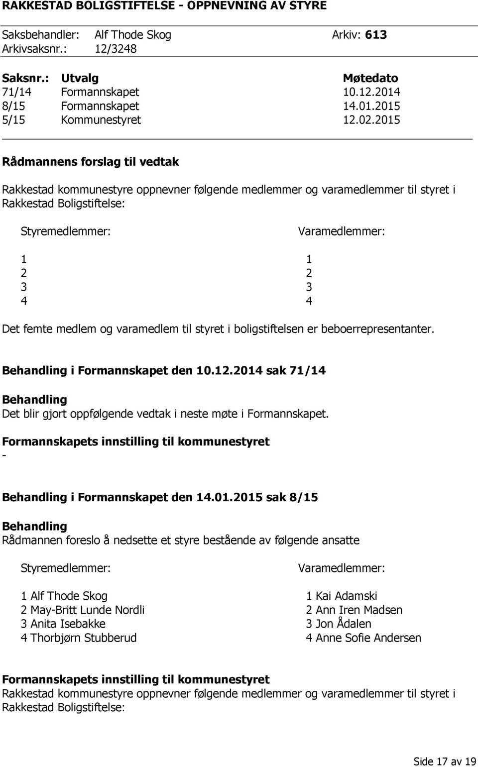 femte medlem og varamedlem til styret i boligstiftelsen er beboerrepresentanter. Behandling i Formannskapet den 10.12.