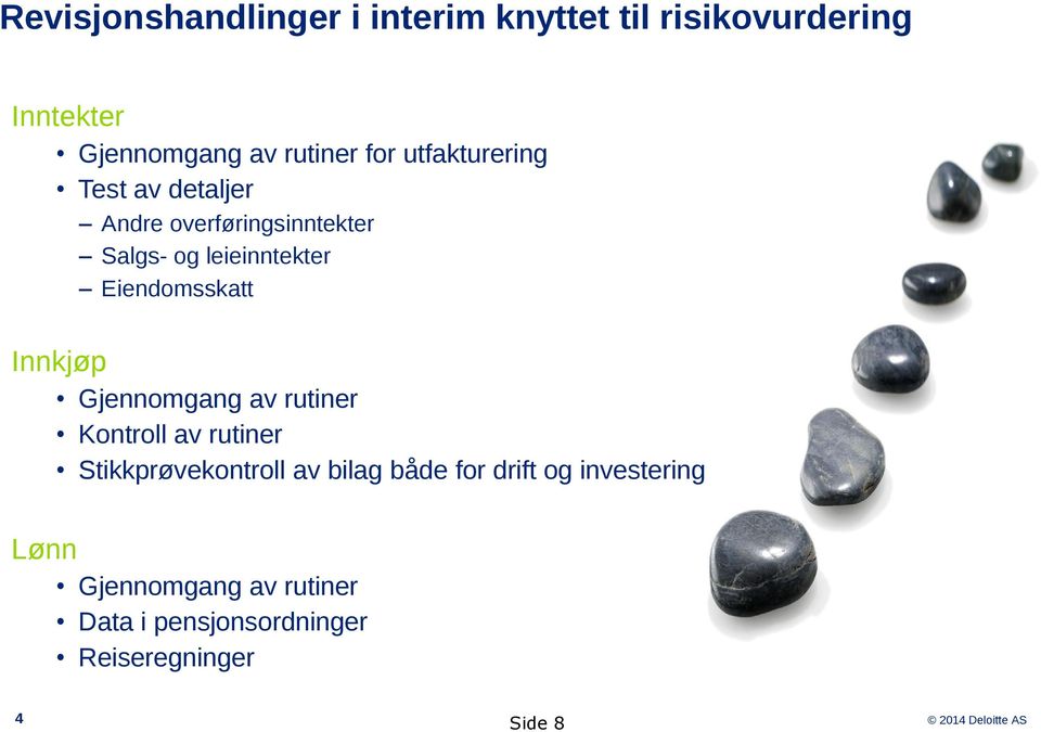 Innkjøp Gjennomgang av rutiner Kontroll av rutiner Stikkprøvekontroll av bilag både for drift og