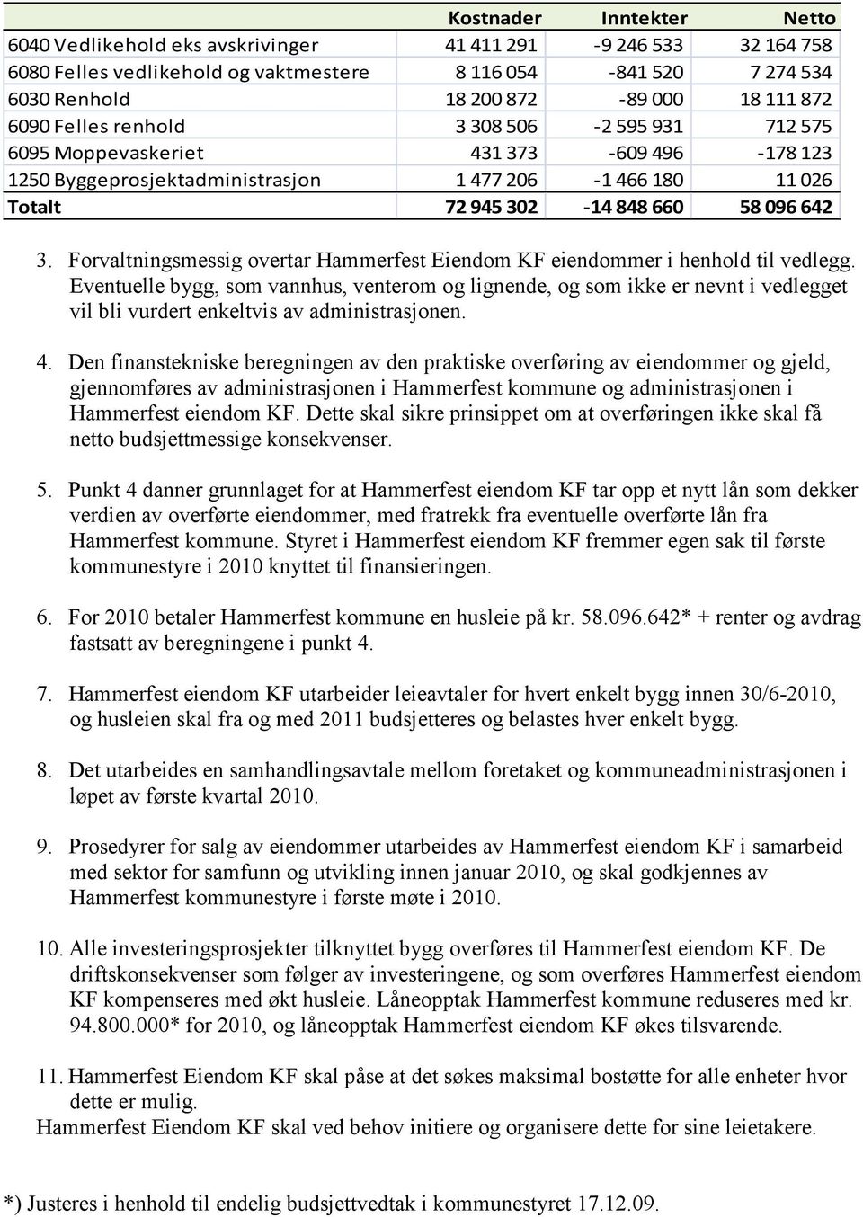 Forvaltningsmessig overtar Hammerfest Eiendom KF eiendommer i henhold til vedlegg.