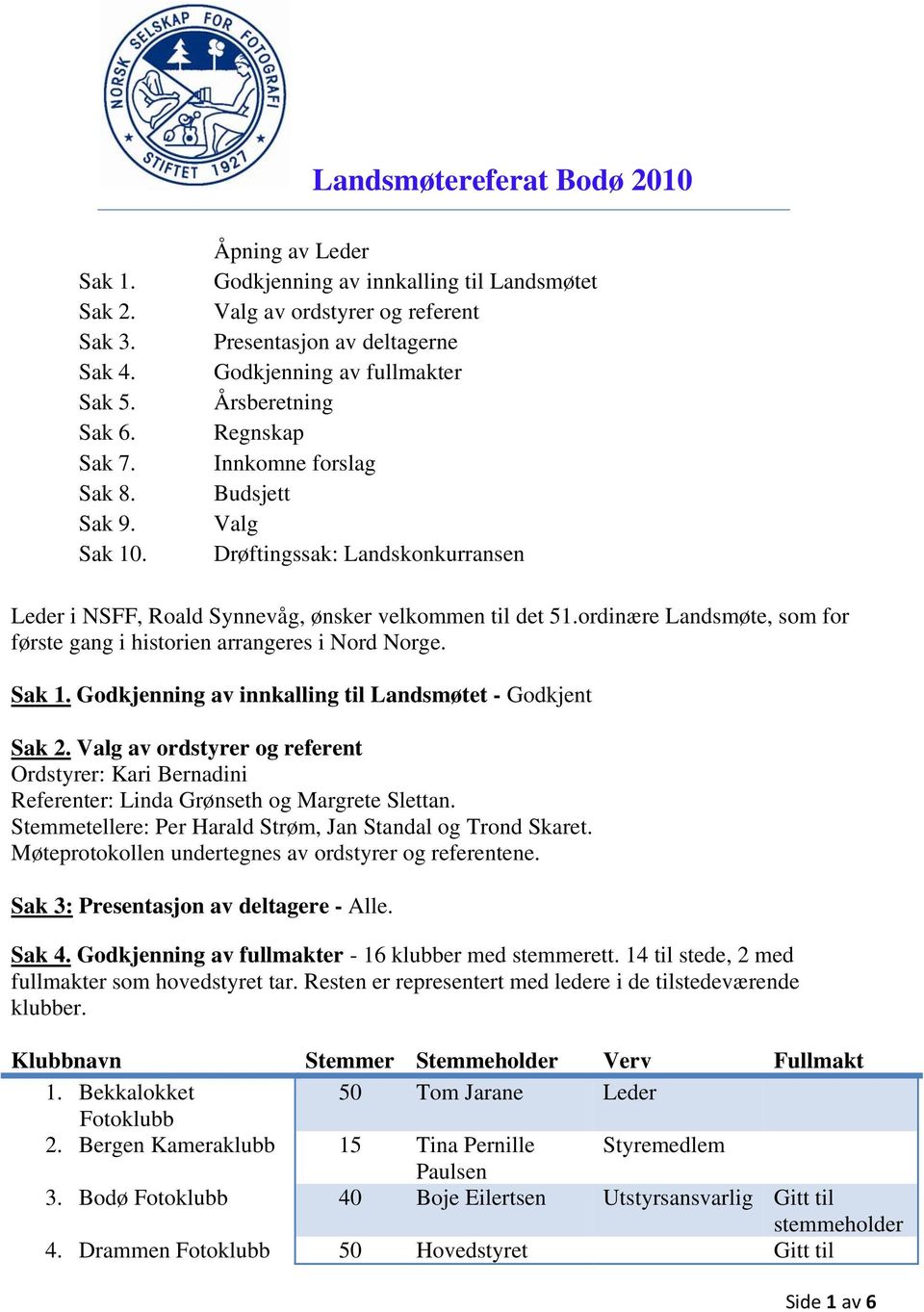 Drøftingssak: Landskonkurransen Leder i NSFF, Roald Synnevåg, ønsker velkommen til det 51.ordinære Landsmøte, som for første gang i historien arrangeres i Nord Norge. Sak 1.