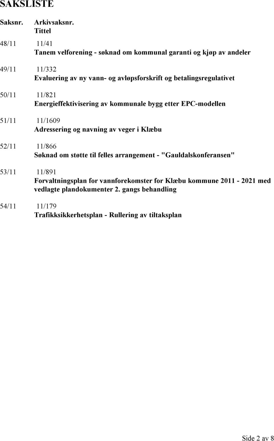 betalingsregulativet 50/11 11/821 Energieffektivisering av kommunale bygg etter EPC-modellen 51/11 11/1609 Adressering og navning av veger i Klæbu