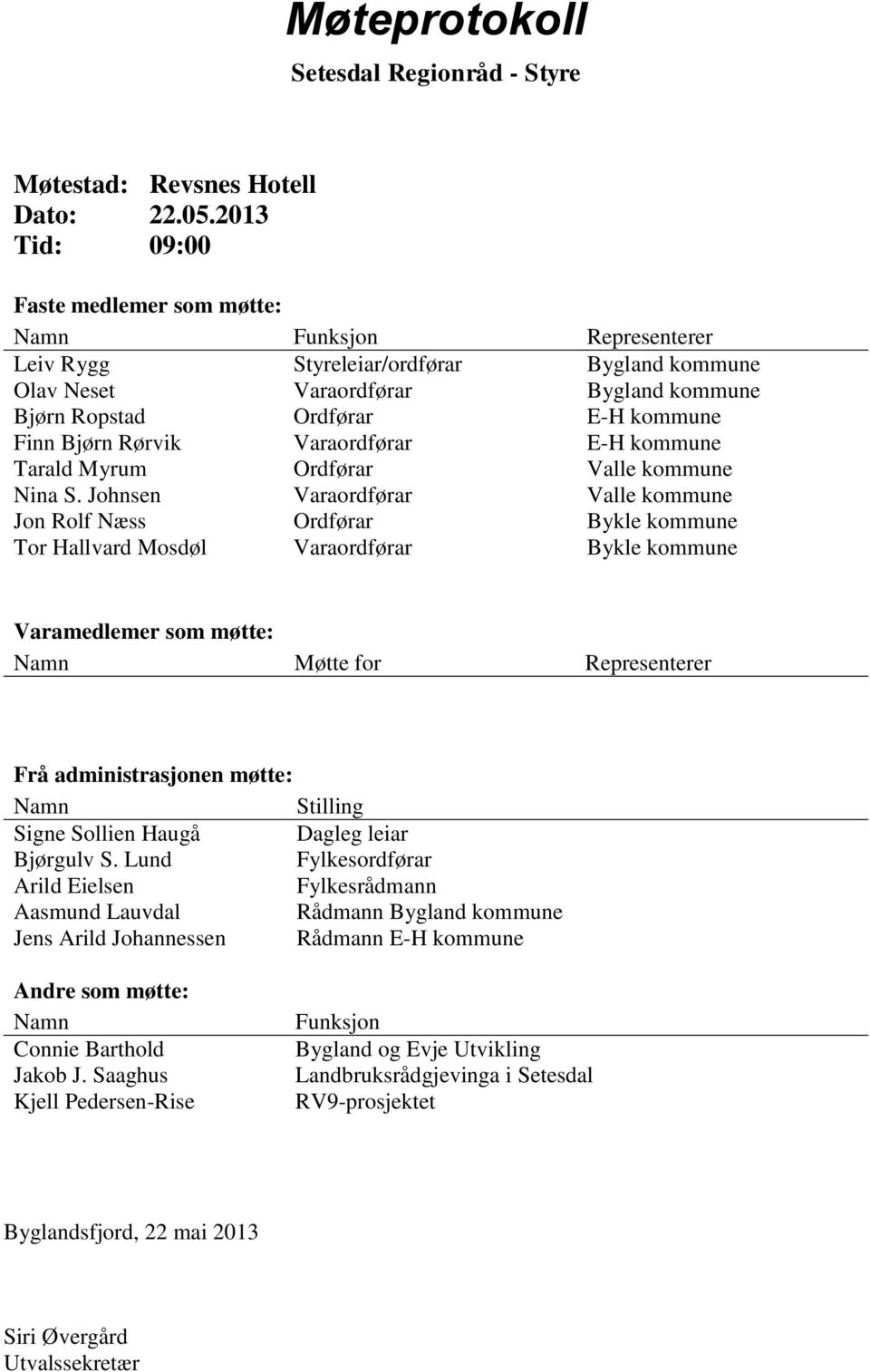 Bjørn Rørvik Varaordførar E-H kommune Tarald Myrum Ordførar Valle kommune Nina S.