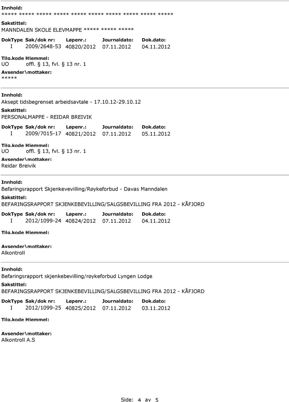 12 PERSONALMAPPE - REDAR BREVK O 2009/7015-17 40821/2012 Reidar Breivik Befaringsrapport Skjenkevevilling/Røykeforbud - Davas