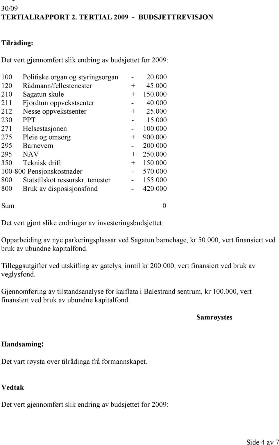 000 275 Pleie og omsorg + 900.000 295 Barnevern - 200.000 295 NAV + 250.000 350 Teknisk drift + 150.000 100-800 Pensjonskostnader - 570.000 800 Statstilskot ressurskr. tenester - 155.