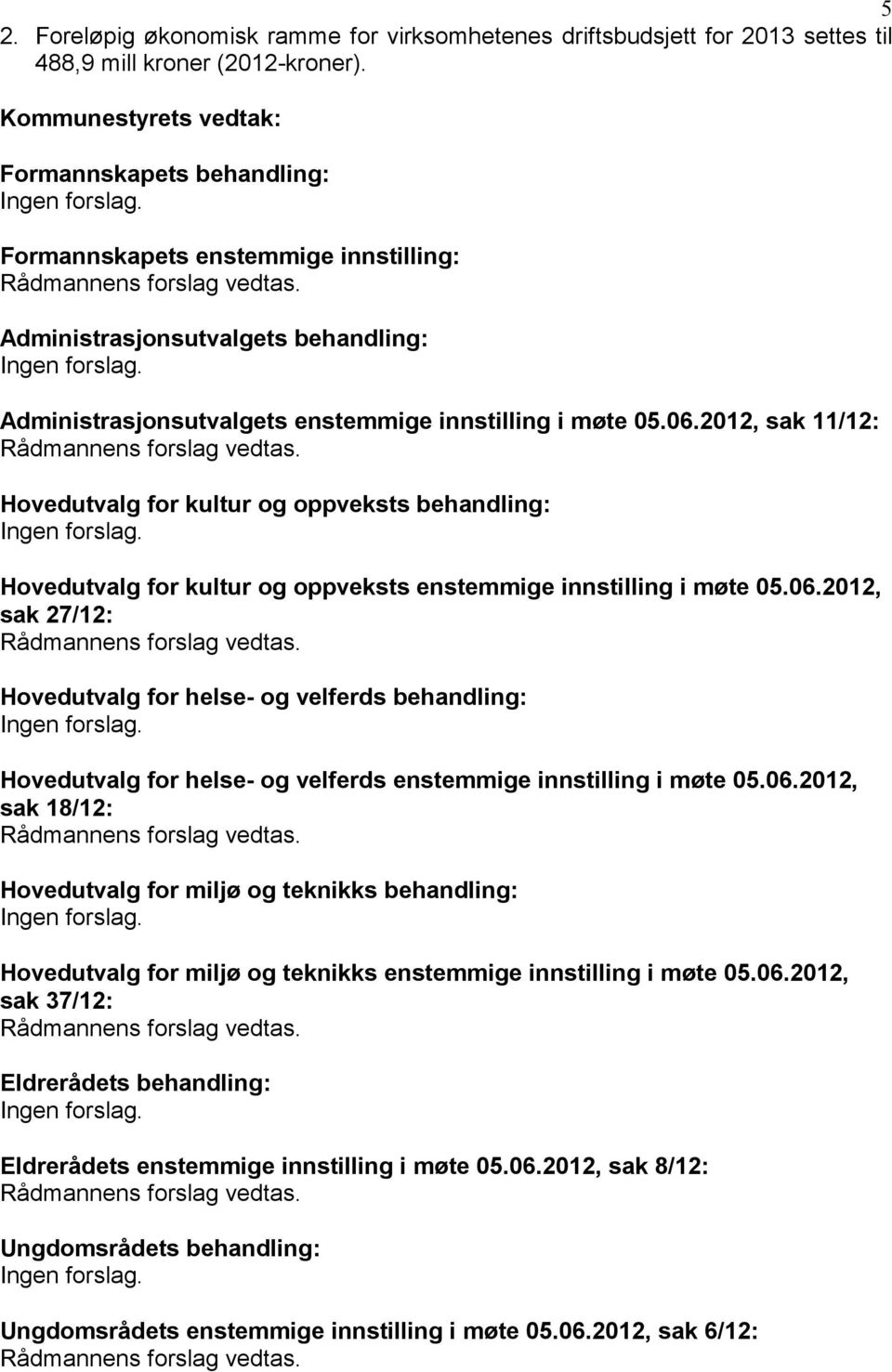 2012, sak 11/12: Hovedutvalg for kultur og oppveksts behandling: Hovedutvalg for kultur og oppveksts enstemmige innstilling i møte 05.06.