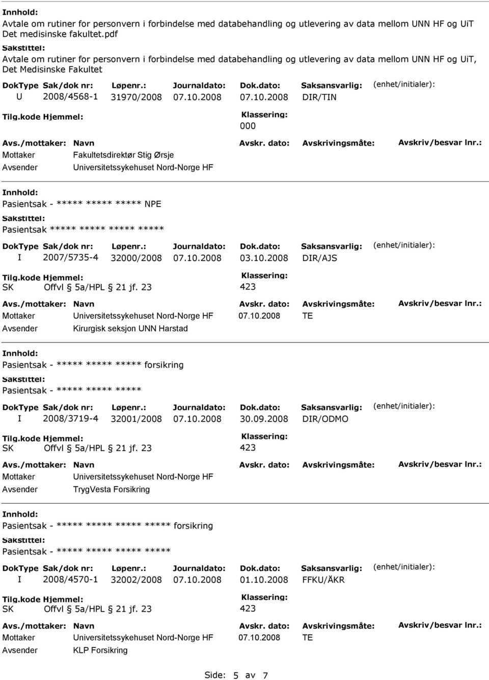 Fakultetsdirektør Stig Ørsje niversitetssykehuset Nord-Norge HF NPE Pasientsak ***** ***** ***** ***** 2007/5735-4 32000/2008 03.10.