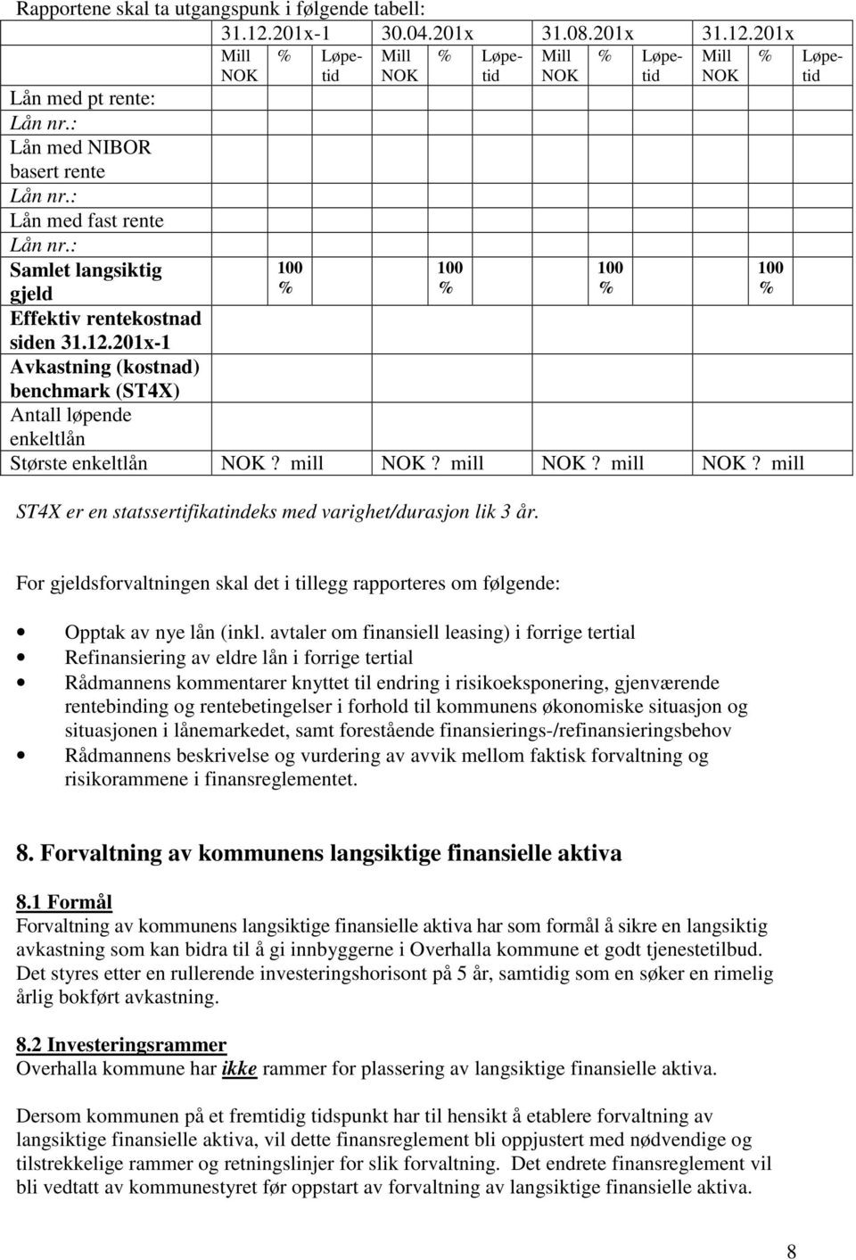 mill? mill? mill 100 ST4X er en statssertifikatindeks med varighet/durasjon lik 3 år. 100 100 For gjeldsforvaltningen skal det i tillegg rapporteres om følgende: Opptak av nye lån (inkl.