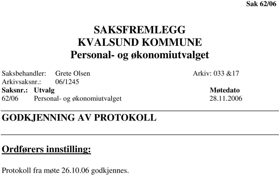 : Utvalg Møtedato 62/06 Personal- og økonomiutvalget 28.11.