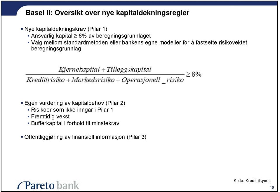 beregningsgrunnlag Egen vurdering av kapitalbehov (Pilar 2) Risikoer som ikke inngår i Pilar 1 Fremtidig vekst