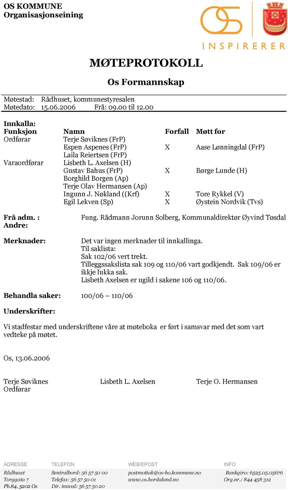 Axelsen (H) Gustav Bahus (FrP) Borghild Borgen (Ap) Terje Olav Hermansen (Ap) Ingunn J.