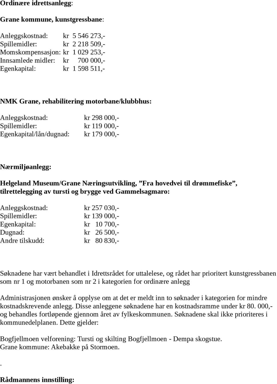 Næringsutvikling, Fra hovedvei til drømmefiske, tilrettelegging av tursti og brygge ved Gammelsagmaro: Anleggskostnad: kr 257 030,- Spillemidler: kr 139 000,- Egenkapital: kr 10 700,- Dugnad: kr 26