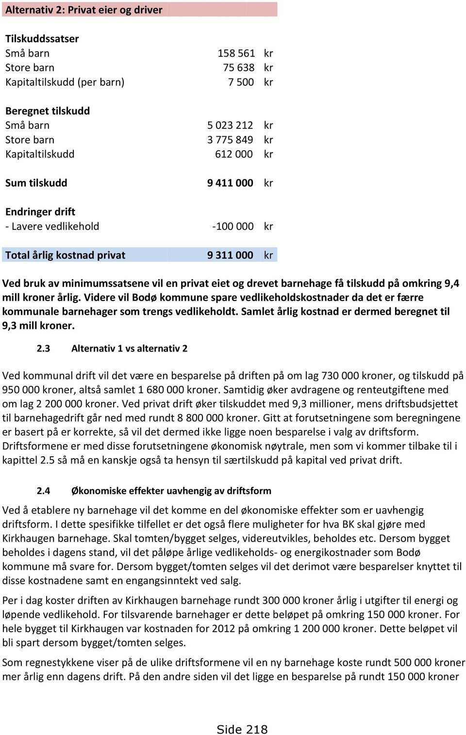 barnehage få tilskudd på omkring 9,4 mill kroner årlig. Videre vil Bodø kommune spare vedlikeholdskostnader da det er færre kommunale barnehager som trengs vedlikeholdt.