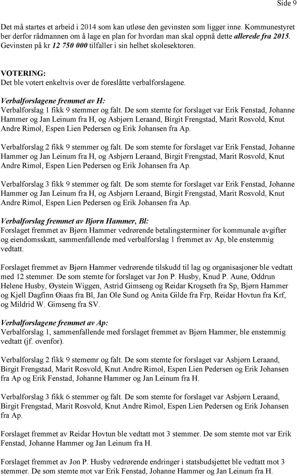 Verbalforslagene fremmet av H: Verbalforslag 1 fikk 9 stemmer og falt.