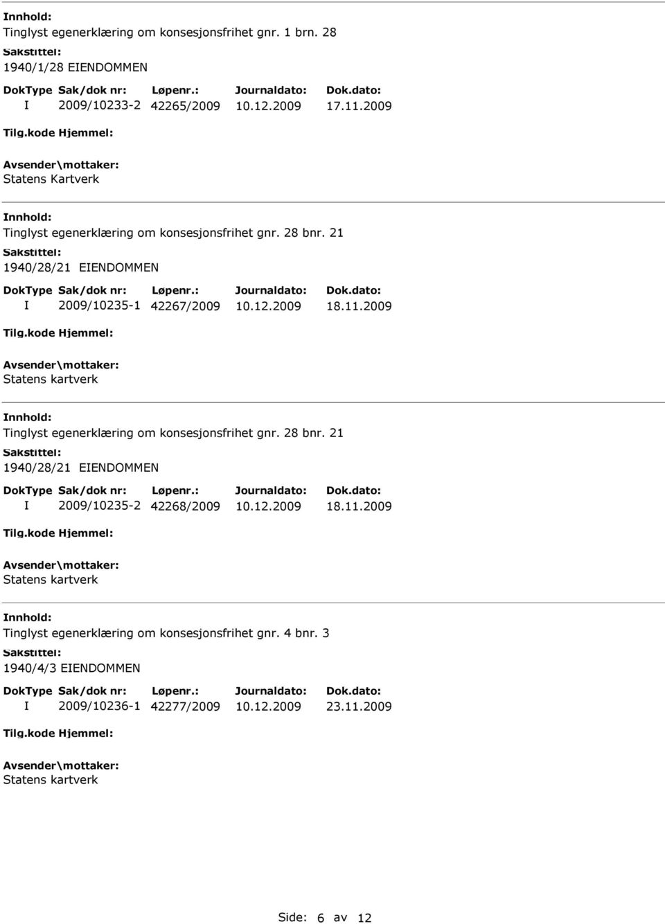 2009 Statens kartverk Tinglyst egenerklæring om konsesjonsfrihet gnr. 28 bnr. 21 1940/28/21 EENDOMMEN 2009/10235-2 42268/2009 18.11.