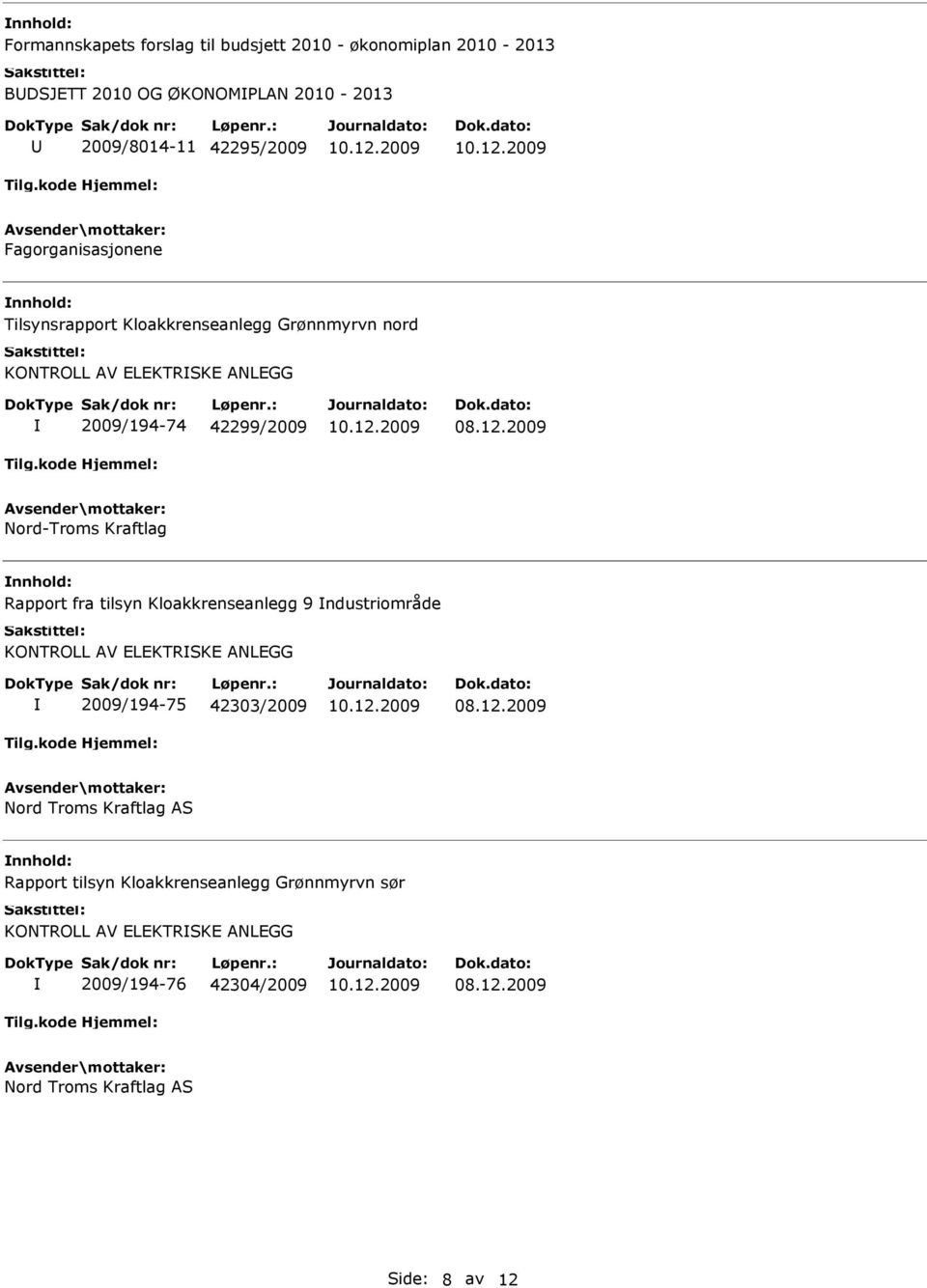 2009 Nord-Troms Kraftlag Rapport fra tilsyn Kloakkrenseanlegg 9 ndustriområde KONTROLL AV ELEKTRSKE ANLEGG 2009/194-75 42303/2009 08.12.