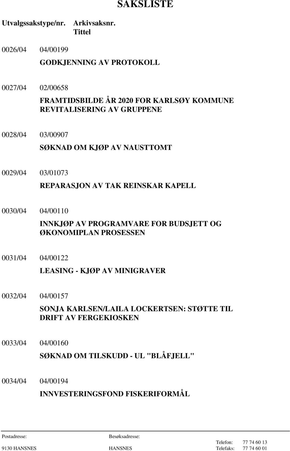 03/00907 SØKNAD OM KJØP AV NAUSTTOMT 0029/04 03/01073 REPARASJON AV TAK REINSKAR KAPELL 0030/04 04/00110 INNKJØP AV PROGRAMVARE FOR BUDSJETT OG