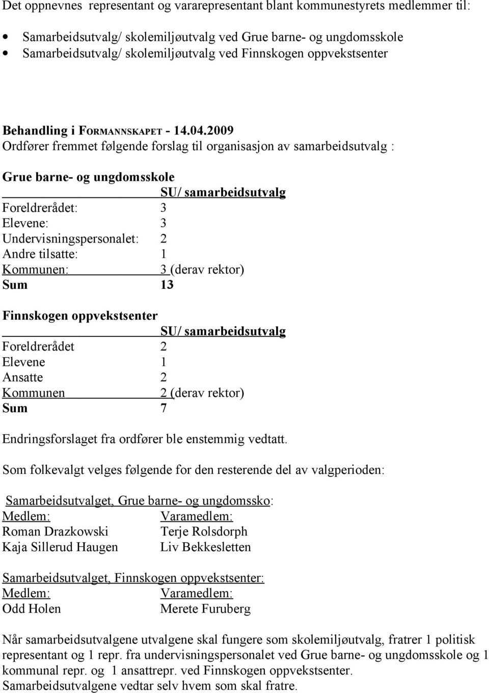 tilsatte: 1 Kommunen: 3 (derav rektor) Sum 13 Finnskogen oppvekstsenter SU/ samarbeidsutvalg Foreldrerådet 2 Elevene 1 Ansatte 2 Kommunen 2 (derav rektor) Sum 7 Endringsforslaget fra ordfører ble