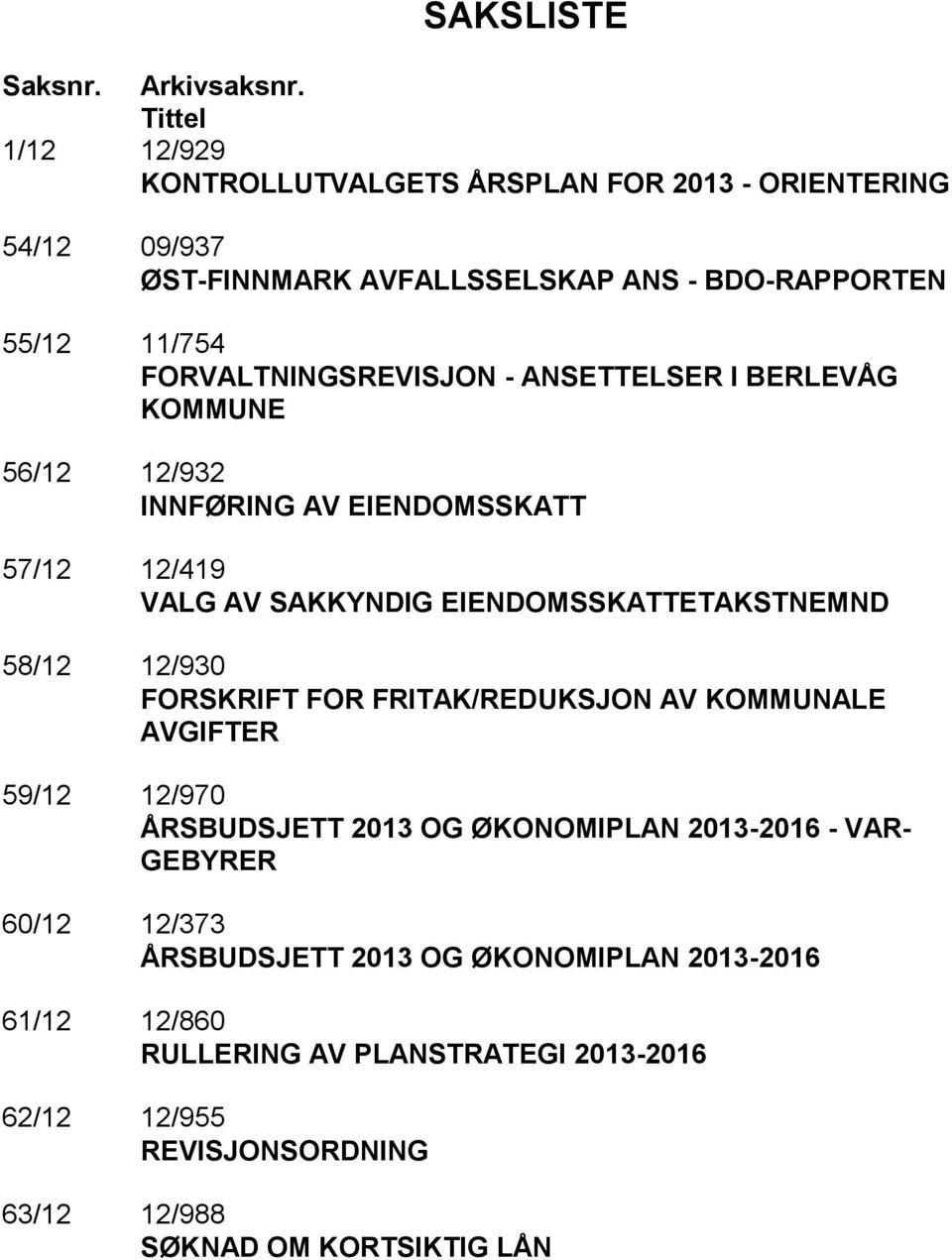 FORVALTNINGSREVISJON - ANSETTELSER I BERLEVÅG KOMMUNE 56/12 12/932 INNFØRING AV EIENDOMSSKATT 57/12 12/419 VALG AV SAKKYNDIG EIENDOMSSKATTETAKSTNEMND 58/12