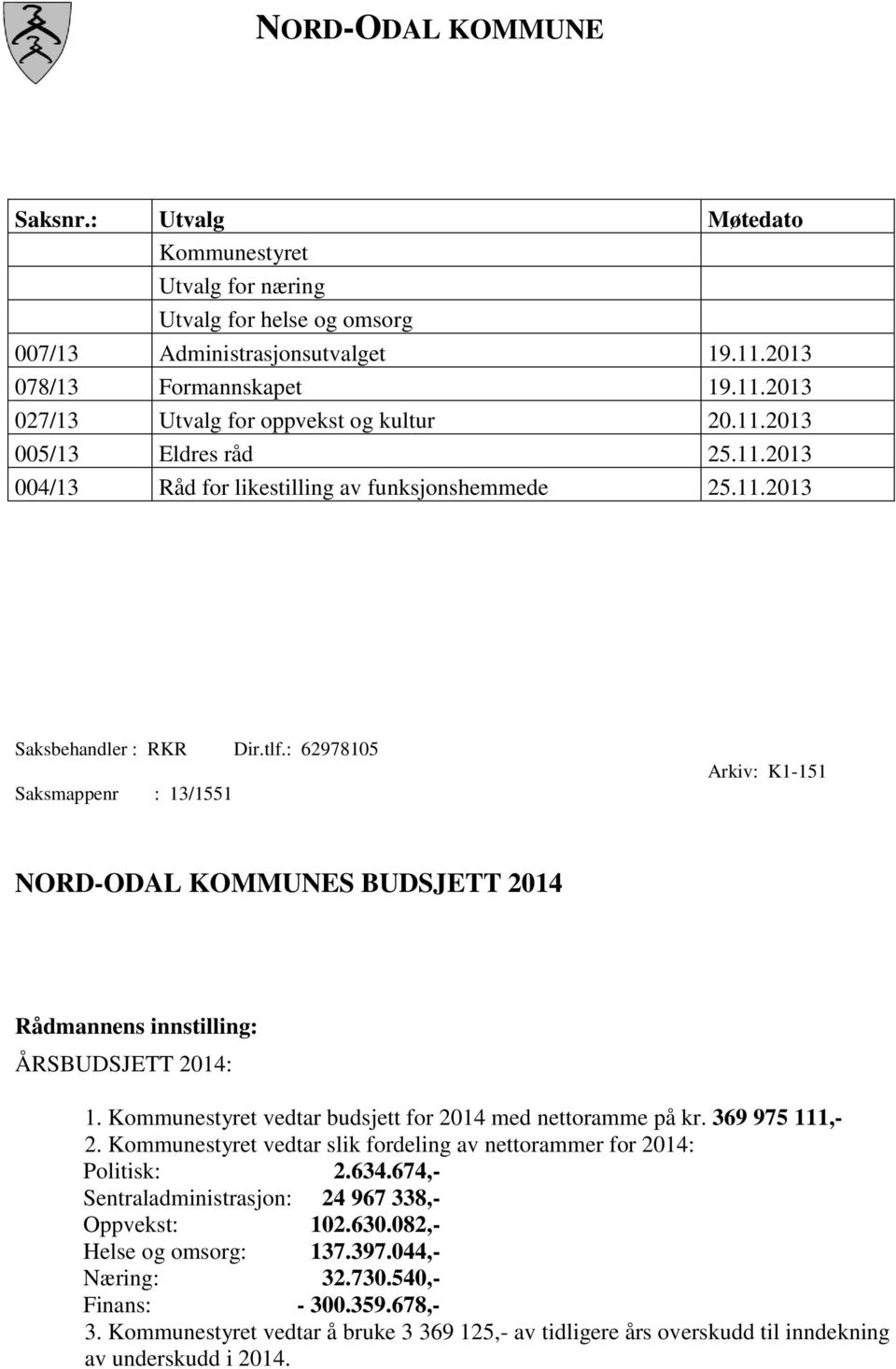 : 62978105 Saksmappenr : 13/1551 Arkiv: K1-151 NORD-ODAL KOMMUNES BUDSJETT 2014 Rådmannens innstilling: ÅRSBUDSJETT 2014: 1. Kommunestyret vedtar budsjett for 2014 med nettoramme på kr.